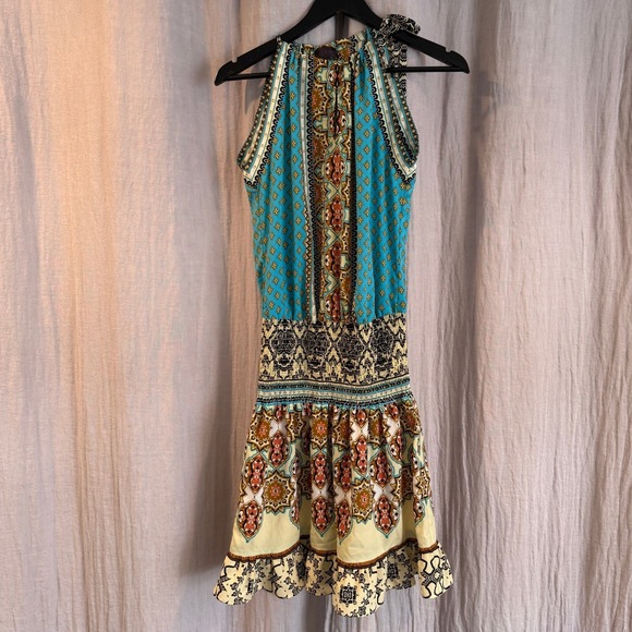 Hale Bob Dresses & Skirts - Hale Bob Blue Gold Bohemian Print Smocked Waist Halter Mini Dress Womens Small